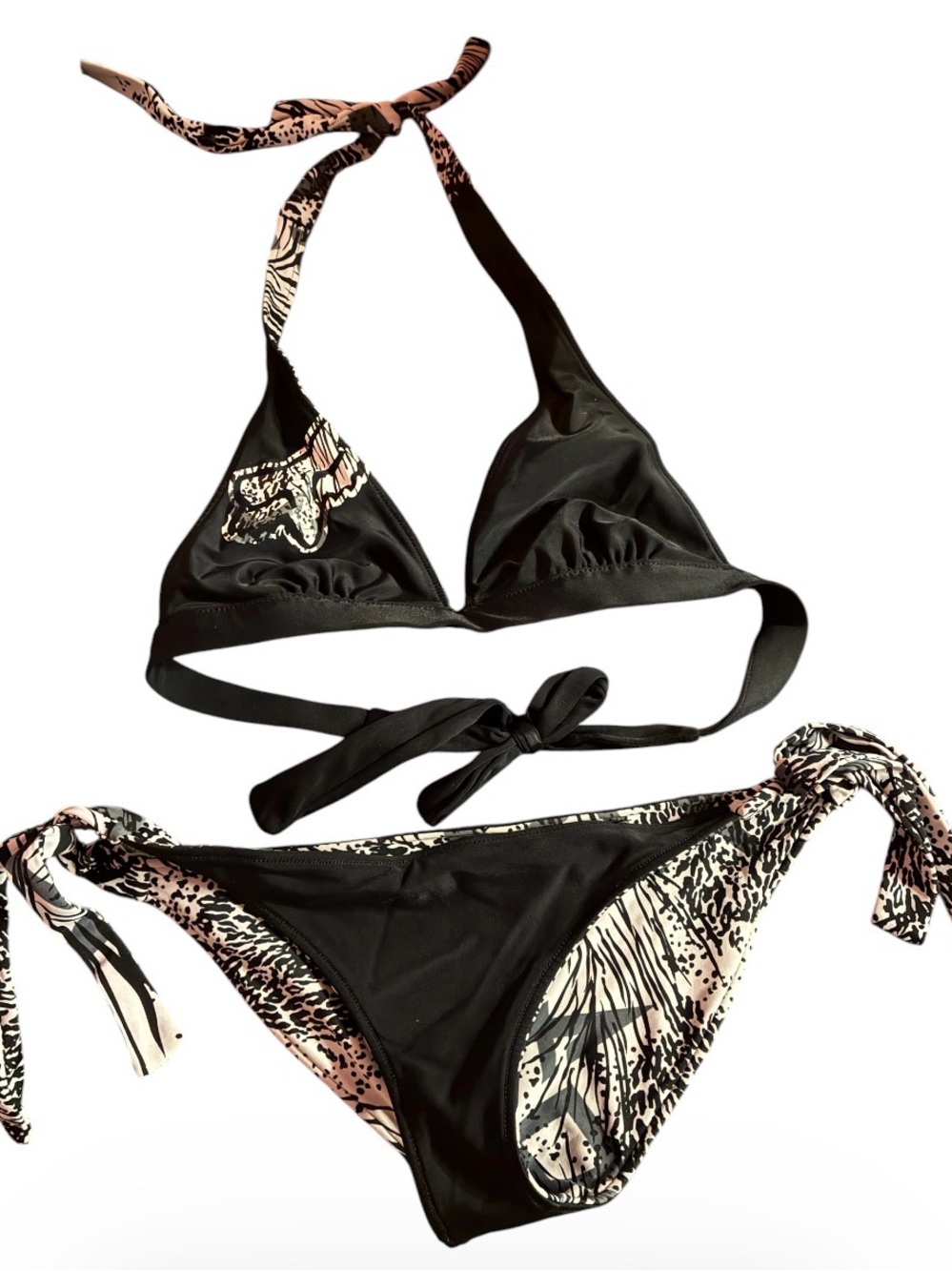 Women’s Fox reversible Black Tie-Back Triangle Bikini with Printed Accent